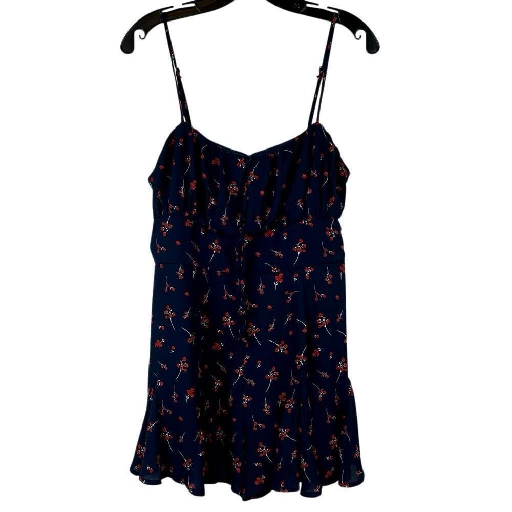 Blue Rain Navy Red Floral Print Spaghetti Strap Mini Romper Large